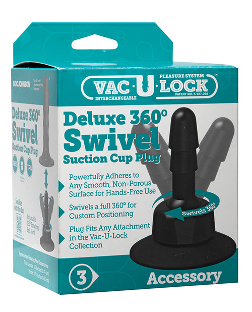 The image shows a black suction cup plug with a realistic design, attached to a box that displays the product name and features.