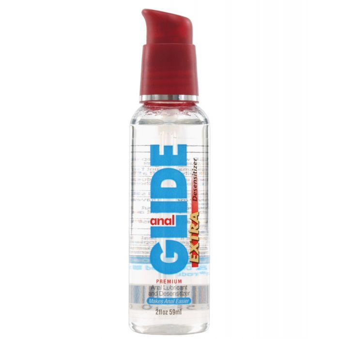 Anal Glide Extra bottle, featuring a water-based lubricating gel with 5% Benzocaine for numbing and enhanced comfort during anal play.