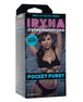 The product packaging features an image of a woman in black lingerie with a pink bra, predominantly showcasing her upper body and face. The packaging is marked with the product name 'IRYNA Pocket Pussy' and the brand 'ULTRASKYN'.